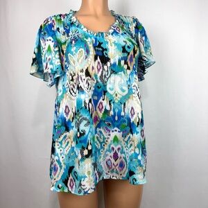 Sunny Leigh Women’s Sz L Top Blouse Shirt Blue Flowy Short Sleeve Ruffled Neck